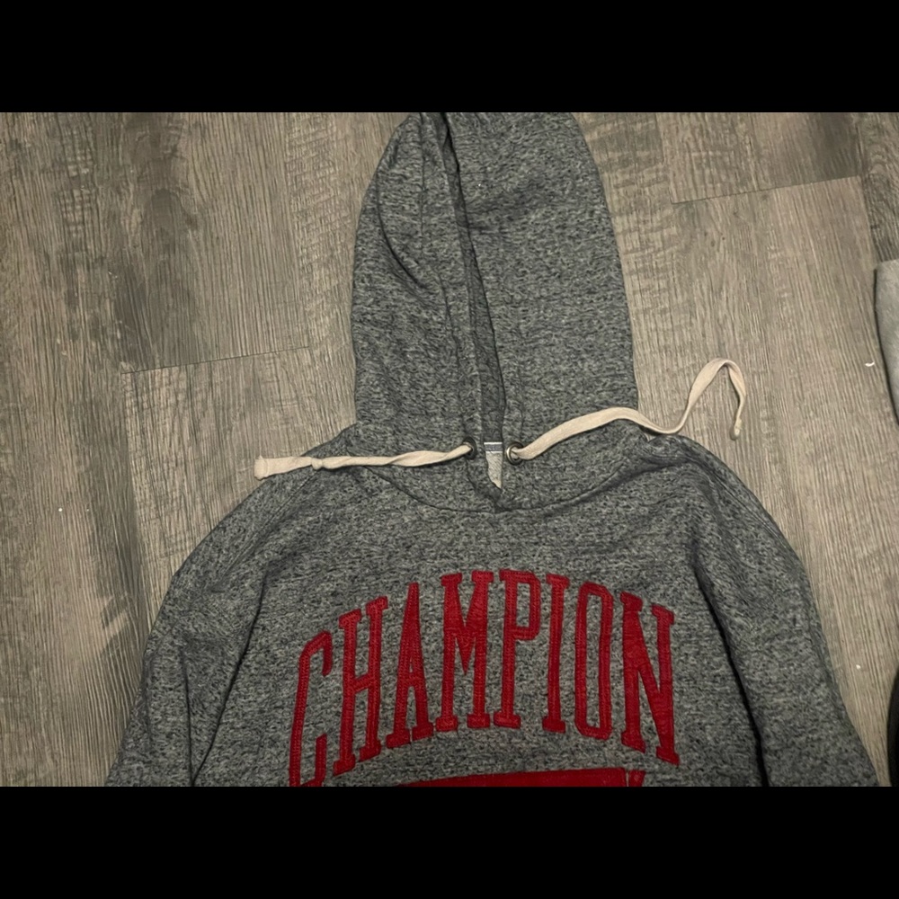red and grey speckled champion “p.e.” sweatshirt